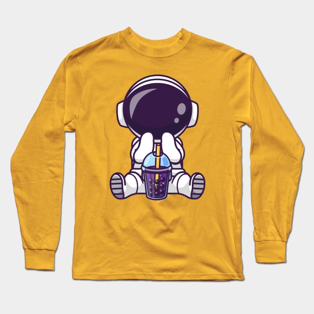 Cute Astronaut Drinking Boba Milk Tea Space Cartoon Long Sleeve T-Shirt by Catalyst Labs